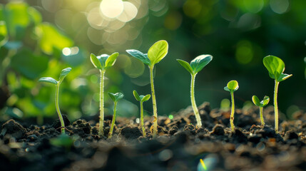 Young green plants growing in rich, dark soil, with dewdrops glistening on their leaves.