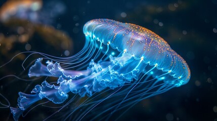 Obraz premium Jellyfish with neon glow light effect in aquarium, ibioluminescent jellyfish