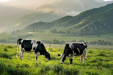 Fototapeta premium Holstein cows in Pastureland, calmness, Comport, High Angle View,Side Angle,Left side view