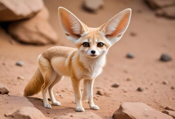 A small orange cute lovely fennec with large pointed ears standing on a rocky ground, looking alert and curious