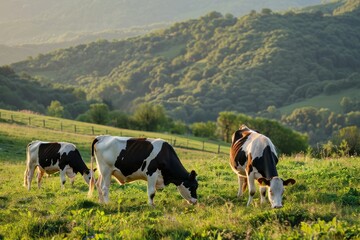 Fototapeta premium Holstein cows in Pastureland, calmness, Comport, High Angle View,Side Angle,Left side view