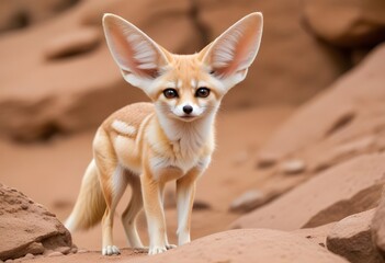 A small orange cute lovely fennec with large pointed ears standing on a rocky ground, looking alert and curious