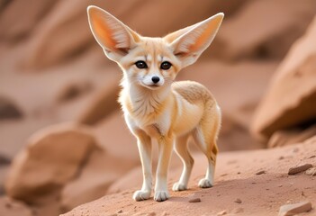 A small orange cute lovely fennec with large pointed ears standing on a rocky ground, looking alert and curious