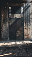 Fototapeta premium Sunlight streams through industrial warehouse door at abandoned site.