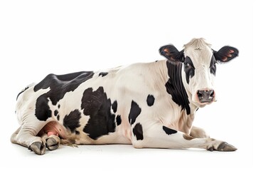the beside view Holstein Cow lying down while grazing, left side view, low angle, white copy space on right, isolated on white background