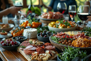 Obraz premium A table is beautifully set with various dishes, including charcuterie and cheese platters, vegetables, fruits, nuts, breads, pastas, and desserts.