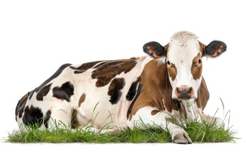 the beside view Holstein Cow lying down while grazing, left side view, low angle, white copy space on right, isolated on white background