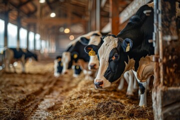 The milking process of Holstein cows, inside the cowshed, at a farm., Side Angle,Left side view