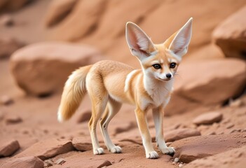 A small orange cute lovely fennec with large pointed ears standing on a rocky ground, looking alert and curious