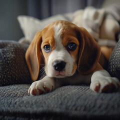 Beagle puppy on the couch relaxing