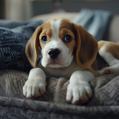 Beagle puppy on the couch relaxing
