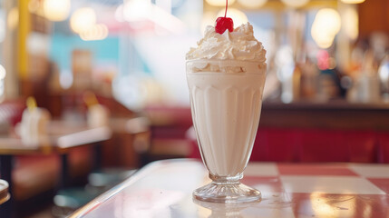 A tall milkshake with whipped cream and a cherry sits on a table in a brightly lit diner with red booths and a vintage atmosphere.