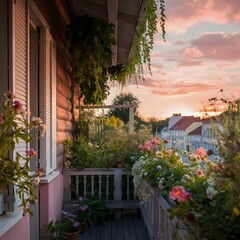 A serene and picturesque image of a balcony scene. The wooden balcony is adorned with lush green plants and vibrant flowers, creating a sense of tranquility. 