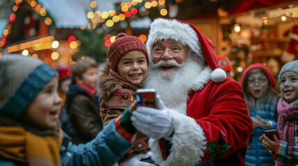 a group of children wait in line to take pictures with Santa Claus at the Christmas market, surrounded by festive decorations and lights.
