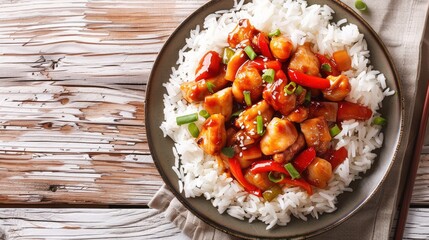 Rice with Spicy Kung Pao Chicken on a Plate