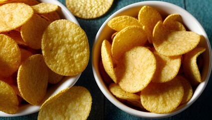 Close-up image of crispy potato chips, showcasing their golden-yellow color and crunchy texture.