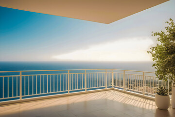 A balcony overlooking the ocean with a white railing and a chair. The railing is made of metal and the chair is made of wood