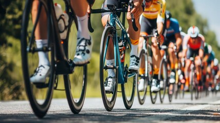 Close-Up of Professional Cyclists in Racing Gear on an Open Road Cycling Route
