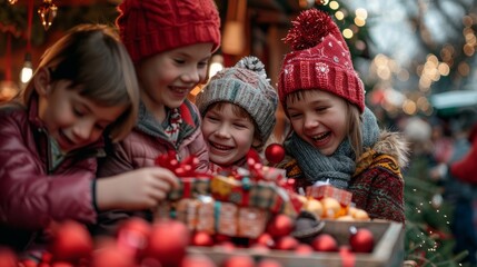 A cheerful group of children excitedly looks at Christmas decorations on a market stall, against the background of festive decorations. -