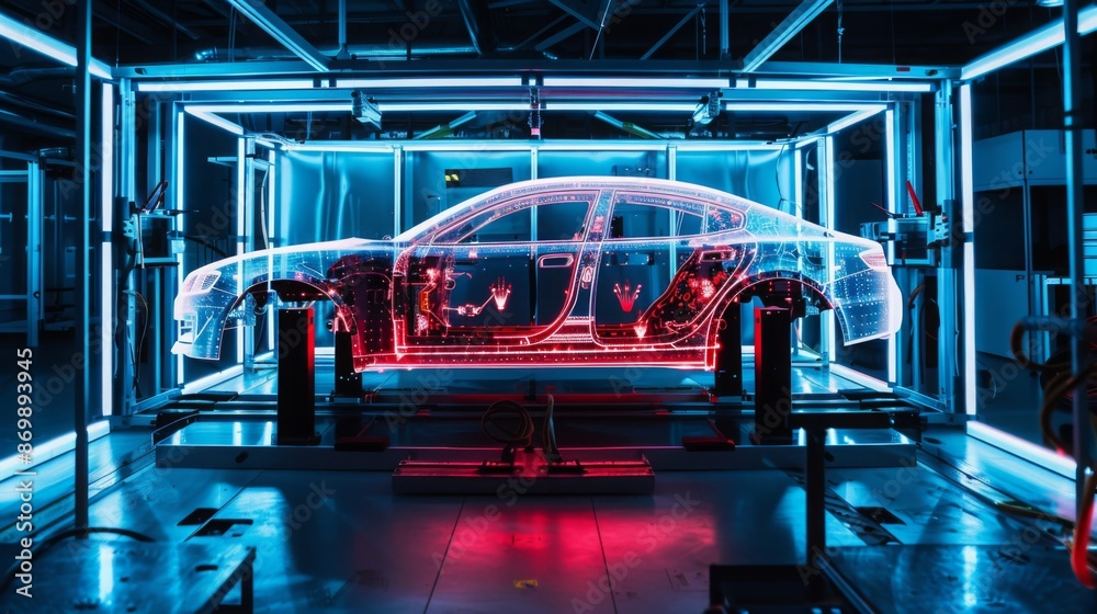 Leinwandbilder A digital car model is displayed on a platform in a factory setting. The model is illuminated with blue and red lights, creating a futuristic and modern atmosphere.