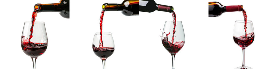 set of Awing stream falling into a glass from a bottle on a transparent background