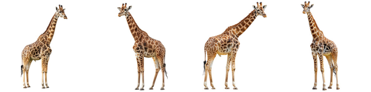 Set of A adult giraffe standing tall against a neutral studio backdrop, on a transparent background