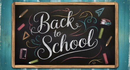  A colorful chalkboard sign that reads ,,Back to School,, surrounded by drawings of school supplies on a rustic wooden frame and blue background.