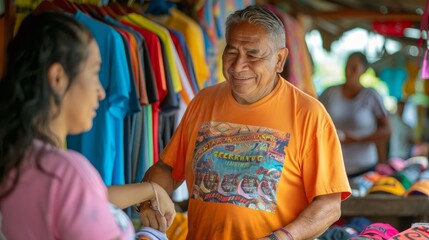 A seller at the clothing market shows a bright T-shirt to the buyer. against the background of bright and colorful clothes.