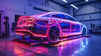 A black car with neon lights outlining the body sits on a lift in a garage. The cars wheels are visible and the interior is dark. The garage is lit with bright overhead fluorescent lights.