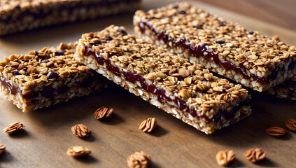 Close-up image of granola bars on a wooden surface. These homemade bars are packed with rolled oats, nuts, and dried fruits, creating a delicious and nutritious snack