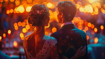 couple in outdoor party with friends, birthday sparklers on background of blurred people dancing at garden wedding 