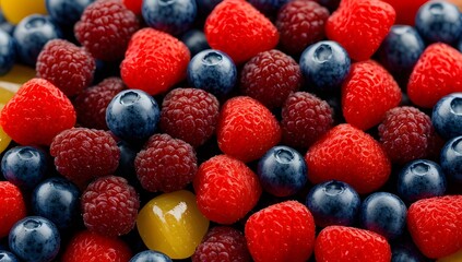 A close-up image showcasing a vibrant assortment of fresh raspberries and blueberries