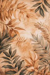 Vintage-style wallpaper featuring autumnal leaves in warm, earthy tones, creating a nostalgic and rustic ambiance.