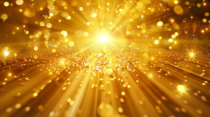 Abstract golden sunburst with sparkling light effects and bokeh, creating a radiant, festive, and warm background ideal for celebratory and holiday themes.