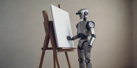 Naklejka premium Robot painting a picture on canvas, a metaphor for image-generating artificial intelligence.