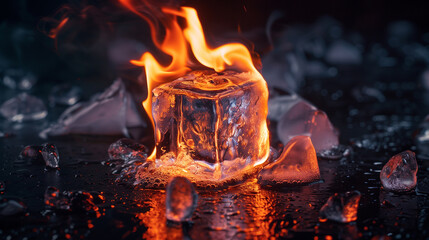 Conceptual photograph of an ice cube engulfed in flames, symbolizing the contrast between fire and ice. Captivating image highlighting heat and cold dynamics.