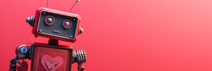 Fototapeta premium AI robot on Valentines Day banner with copy space