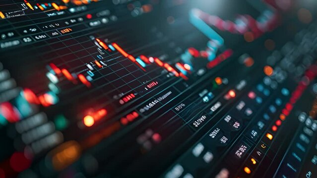 Stock price exchange monitor graph broker finance growth ar ai trend algorithm investment portfolio drop price analysis profit buy sell cryptocurrency crypto business financial glowing background