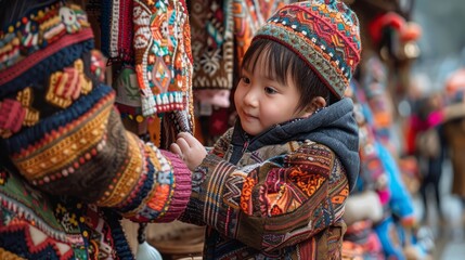 A child and his mother try on the traditional festive attire of their culture in a colorful and diverse market.