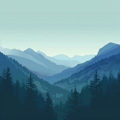 Fototapeta premium Serene Mountain Landscape Illustration of Pine Forests and Misty Valleys
