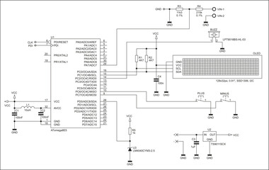 Schematic diagram of electronic device on sheet of paper.  Vector drawing electrical circuit with
resistor, capacitor, integrated circuit,
diode, microcontroller, lcd display, other components.