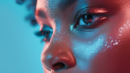 Fototapeta premium Close-Up Portrait with Neon Lighting and Dewy Skin Texture