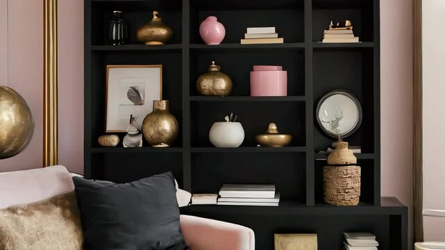 A sleek, minimalist built-in shelving unit painted black, displaying a curated selection of white and pink books, gold picture frames, and black ceramics.
