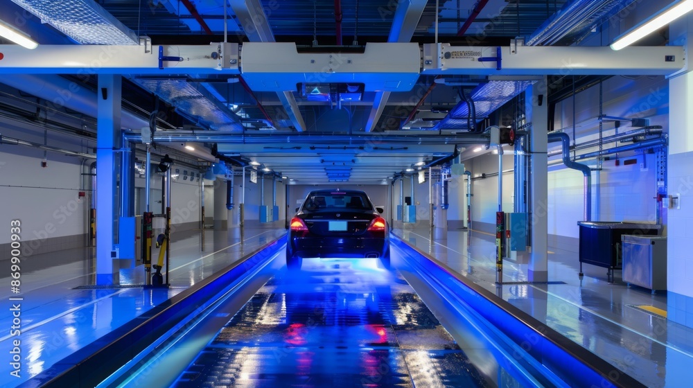 Poster A car is being moved by an automated parking system in a modern building. The car is positioned on a moving platform, which is illuminated by blue lights.