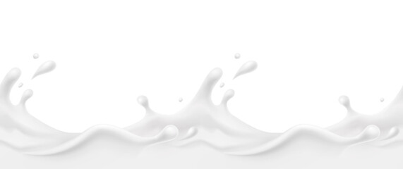 Milk splash seamless pattern. 3d realistic yogurt wave border isolated on white background. Vector milky package design.