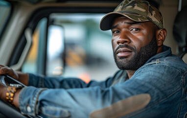 A Black truck driver wearing a camouflage hat is focused on the road while driving. He is sitting in the cab of his truck, which is stopped in traffic