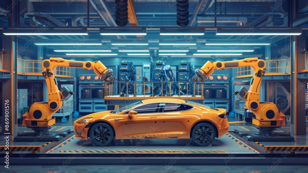 Leinwandbilder A yellow car is being assembled on a factory production line by two large robotic arms. The robots are positioned on either side of the car, and the scene is lit by blue overhead lights.