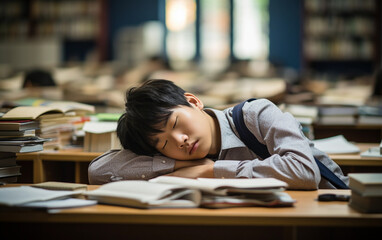An Asian student sleeps at his desk in a library, surrounded by books