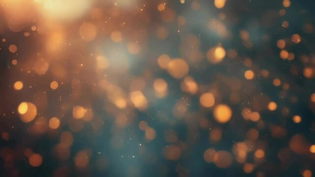 This image features golden bokeh lights and water droplets suspended in a soft light, creating a dreamy ambiance. The blurred background adds a sense of depth and warmth, evoking a serene mood.