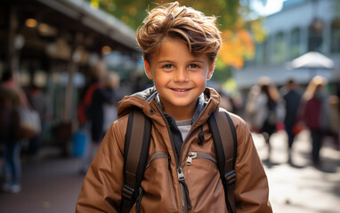 Fototapeta premium A young boy student wearing a brown jacket and carrying a backpack smiles brightly as he walks on his way to school